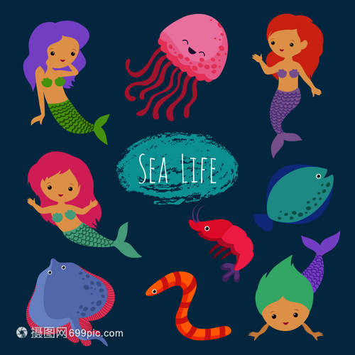 美人魚(yú)女孩公主和海洋生物